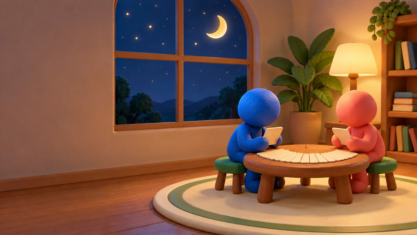 Two clay figures sit facing each other at a small round table at night, with a fan of blank cards between them and a starry window behind