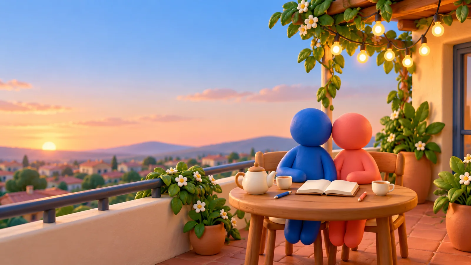 Two clay figures, one blue and one coral, sit close at a small table on a balcony at sunset with an open notebook, a teapot and two cups