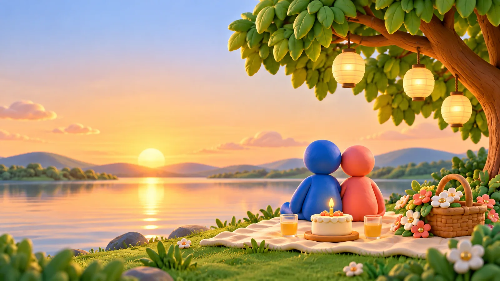 Two clay figures sit close on a picnic blanket beside a calm lake at sunset, with a small cake with one lit candle and two glasses of juice