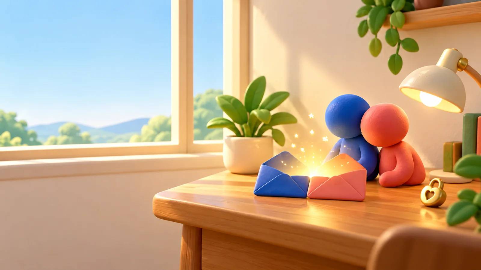 Two clay figures lean over a wooden desk where a blue envelope and a coral envelope open together with a golden glow
