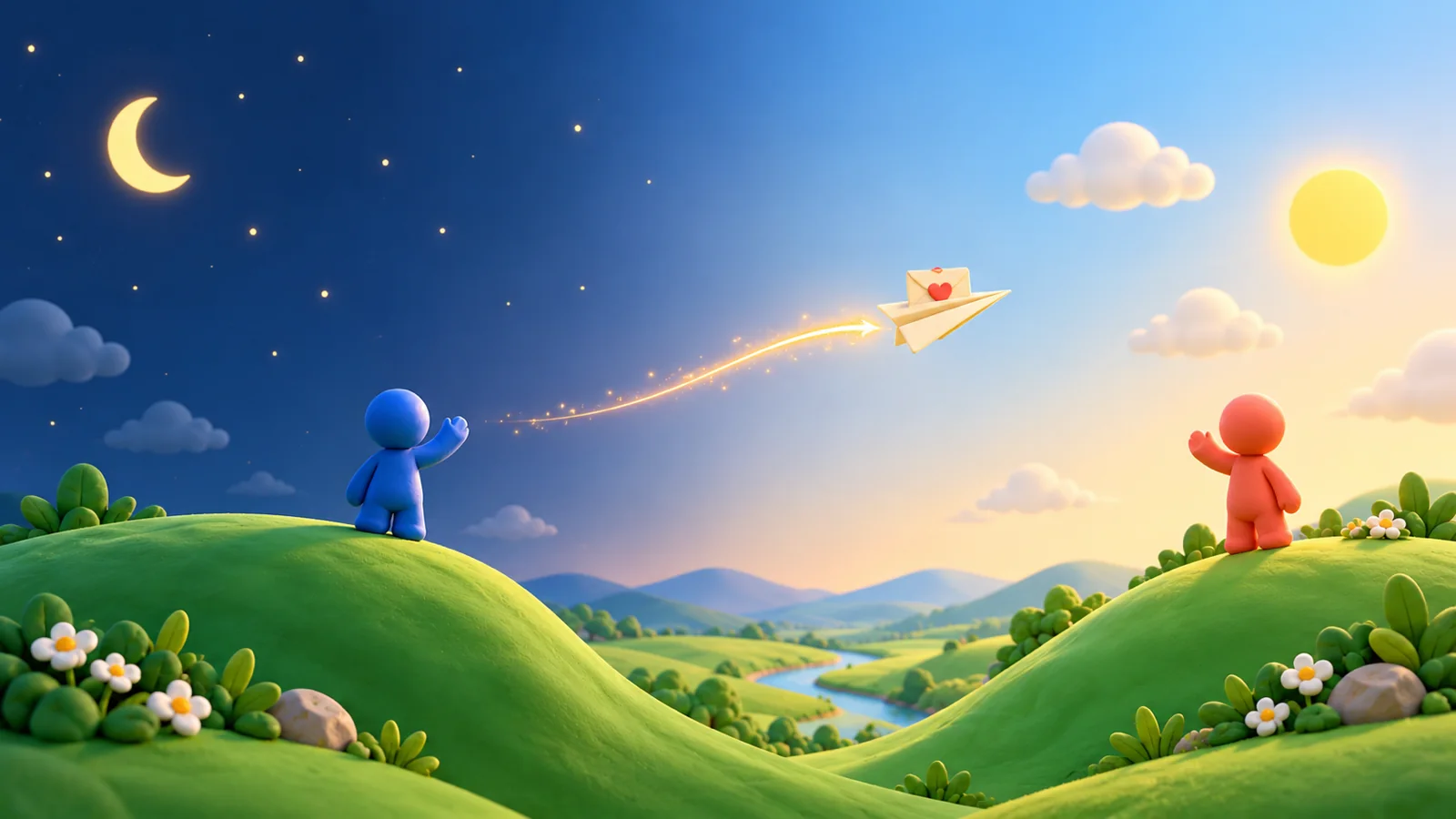A blue clay figure on a hill under a night sky and a coral clay figure on a hill under a day sky, with a paper plane carrying a heart letter flying between them