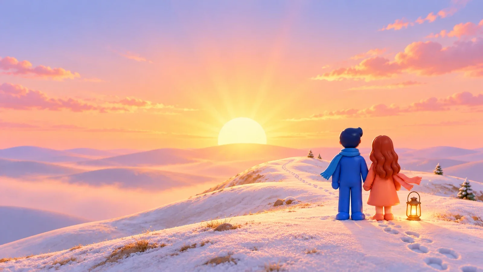 A clay man and woman holding hands in blue and coral scarves watch the first sunrise of the year from a snowy hilltop, with footprints behind them and a small lantern beside them