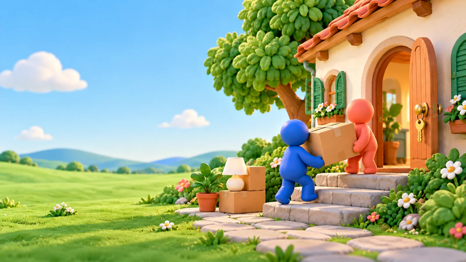 Two clay figures carry a cardboard box up stone steps to a cream house with a round open door and a gold key on the handle