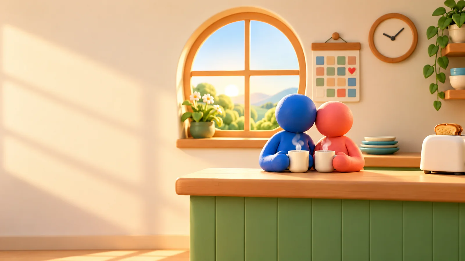 Two clay figures, one blue and one coral, share a coffee at a sunny kitchen counter, with a calendar full of coloured blocks on the wall behind them