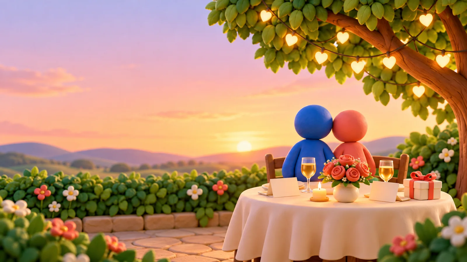 Two clay figures sit close at a small dinner table at sunset under heart-shaped string lights, with roses, a candle, glasses, cards and a wrapped gift