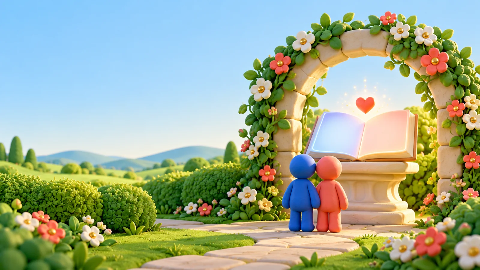 Two clay figures stand in front of a glowing open book on a stone pedestal under an arch covered in flowers